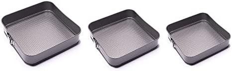Jazooli 3 Piece Non-Stick Baking Cooking Cook Springform Square Cake Tin Tray Pan Set Kit Spring Loaded Warp Resistant Home or Professional 24/26/28cm Anthracite