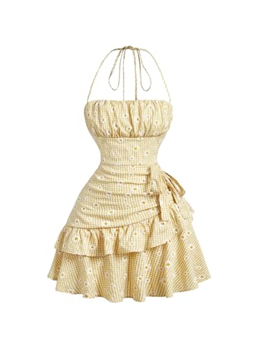 Image of Floerns Women's Floral Halter Ruffle Tiered Cute Summer Mini Dress Milkmaid Vacation Sundress