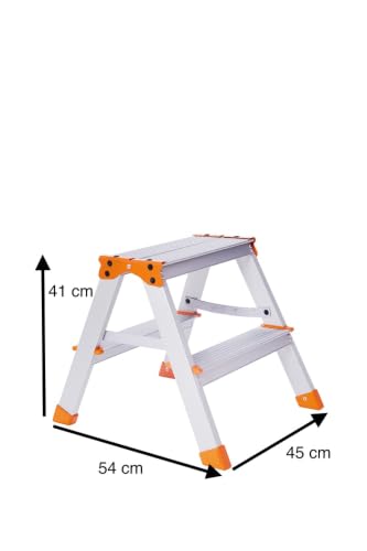 Image of ELEVATE Nova Aluminium 2-Step Ladder, Orange, 47 x 39 cm, Foldable Lightweight Household Ladder, 150 kg Load Capacity