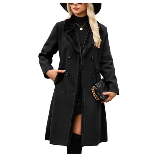 Yuson Girl Abrigo Mujer Invierno Cuello de Solapa Abrigos Largo Suave Cálido Doble Botonadura Abrigos Otoño Invierno Clásico Elegantes Trench con Bolsillos(Negro, XL)