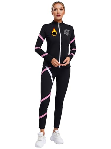 easyforever Womens Figure Ice Skating Gym Training Fleece Jacket Long Sleeve Zipper Sweatshirt with Gymnastics Leggings Pink XX-Large