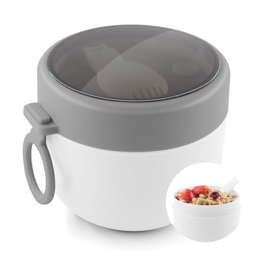 HUAERSICO Taza de desayuno To Go con cuchara plegable, 600 ml, taza para ensalada de frutas, para desayuno y aperitivos, taza de avena a prueba de fugas, ideal para excursiones, trabajo y pícnic