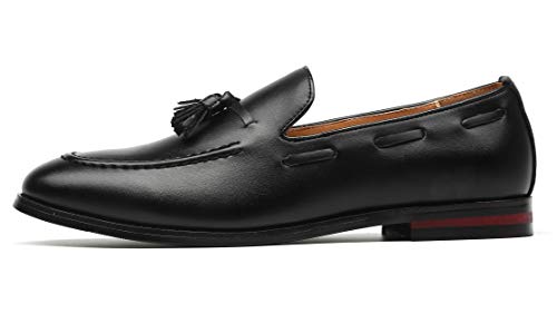 Santimon Mens Fashion Loafers Leather Casual Tassel Slip on Driving Flats Dress Shoes Black Brown2