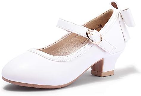 PANDANINJIA Girls Toddler/Little Kid Jada Dress Mary Jane Pumps with Heels Bow Party Wedding Princess Shoes (White Pu, 13 M US Little Kid)