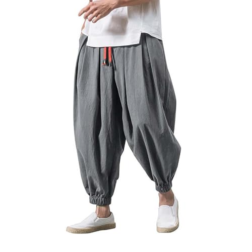 Pantalon en lin pour homme sarouel baggy d'été léger gris taille grande 5XL - 2