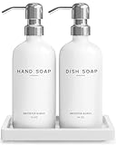 White Glass Hand and Dish Soap Dispenser Set by Brighter Barns - Kitchen Soap Dispenser Set with Tray & Pump for Office, Hotel, Vacation Rental, Airbnb - Modern Kitchen Decor & Accessories (White)