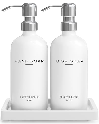 White Glass Hand and Dish Soap Dispenser Set by Brighter Barns - Kitchen Soap Dispenser Set with Tray & Pump for Office, Hotel, Vacation Rental, Airbnb - Modern Kitchen Decor & Accessories (White)