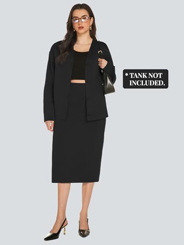 Image of Casly Lamiit Women's 2 Piece Midi Skirt Sets Business Casual Outfits Long Sleeve Cardigan Matching Dressy Suits
