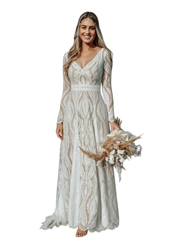 Bohemian Tulle Lace Wedding Dresses Open Back A-Line Tassel Sleeves