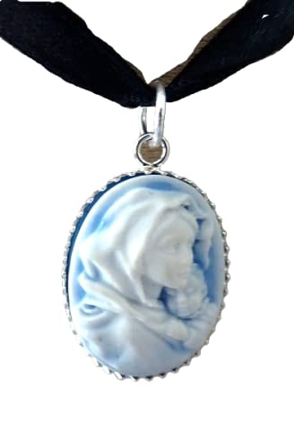 Pendentif camée argent 925 vierge à l'enfant bleu médaillon femme