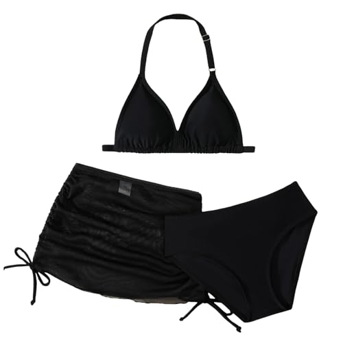 Mädchen Bademode Sets 3Pcs - Bikini Set mit Verstellbare Neckholder Triangel Top+Rocke+Badeshorts Kinder Dreiteilig Schwimmen Badeanzug Sommer Strand Sports Badeset 4-13 Jahre (Schwarz, 10-11 Years)