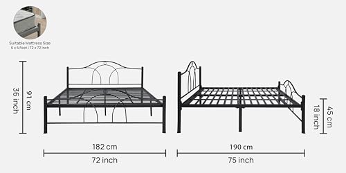 Image of Alto Metal King Size Bed Without Storage | Wrought Iron Double Bed with Headboard & Footboard | Sturdy Powder Coated Platform Bed King Size Cot for BedroomLivingRoom Black (75x72)