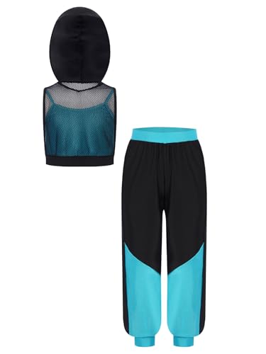YiZYiF Kids Girls Pcs Sports Set Sleeveless Color Block Hoodie Mesh Hooded Vest And Jogger Pants Set
