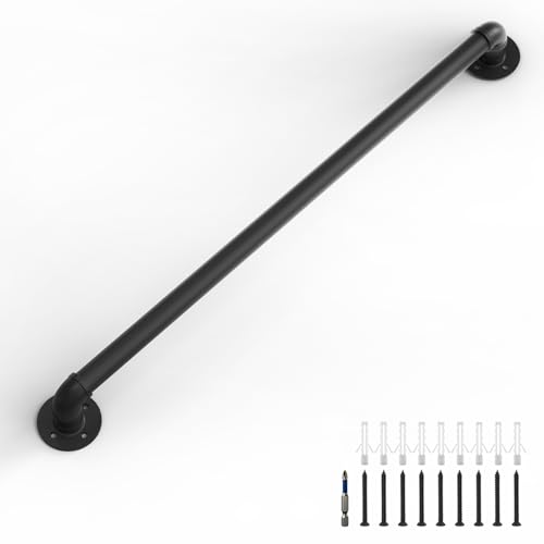 LuckIn 3ft Stair Railing Indoor, Handrails for Indoor Stairs, for Senior and Elderly, Non Slip Safety Rails, Wall Mount & Industrial Pipe, Heavy Duty, Garage Steps Handrail, Black