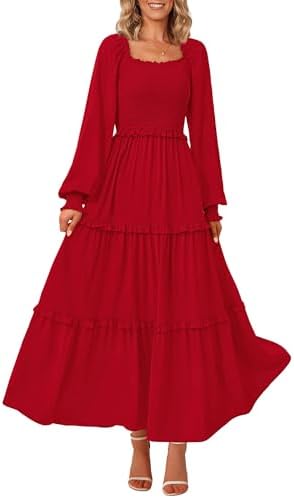 PRETTYGARDEN Fall Wedding Guest Dresses for Women 2025 Long Sleeve Square Neck Tiered A Line Modest Elegant Flowy Dresses