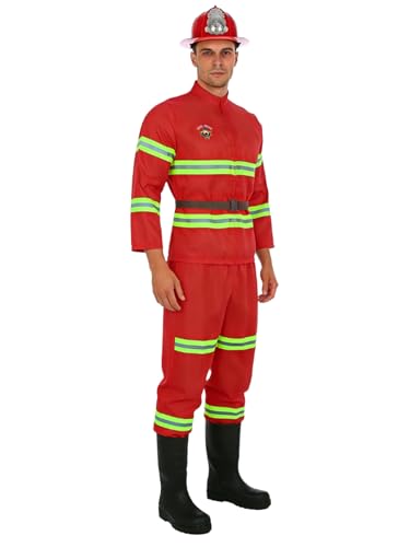Freebily Disfraz De Bombero Para Hombre Uniforme Bombero Con Gorro Y Cinturón Trajes De Fuego Jefe De Bomberos Cosplay Disfraz De Halloween Rojo M