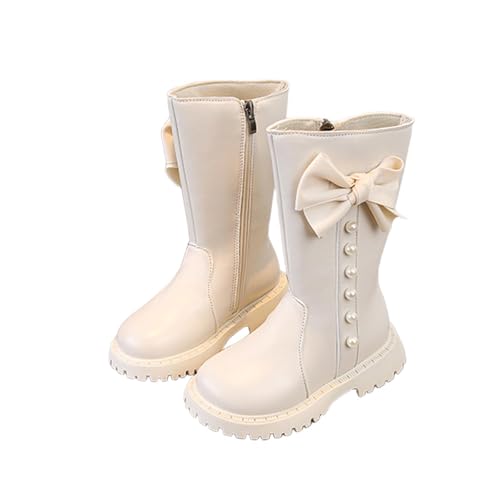 Girls Riding Boots Toddler Fall Combat Boots Kids Leather Snow Booties Little Kid Cute Side Zipper Shoes with Bow Flat Casual Boot