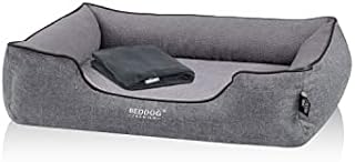 BedDog Premium Ortopedyczne ³ó¿ko dla psa CLARA, kanapa dla psa ze sztucznej skóry, zdejmowany pokrowiec, dodatek w postaci przytulnego koca - THE-ROCK (czarny/szary)