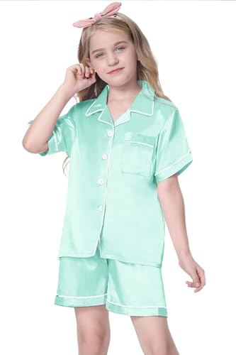 Image of Schbbbta Girls Womens Pajamas, Satin Silky Pjs Set Kids 2Pcs Button-Down Nightwear Sleepwear Gift for Mommy and me