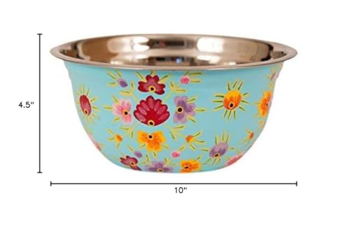 Large Hand Painted Stainless Steel Fruit Bowl - Decorative Floral Salad Mixing and Serving Bowl - Traditional Kashmiri Art for Home Decor (Light Blue)