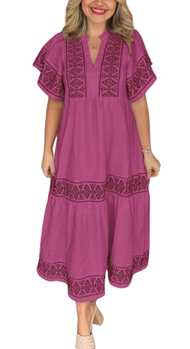 Image of chouyatou Women's Summer Printed Floral Dress Casual Notch Neck Cotton Midi Long Mexican Tunic Dress