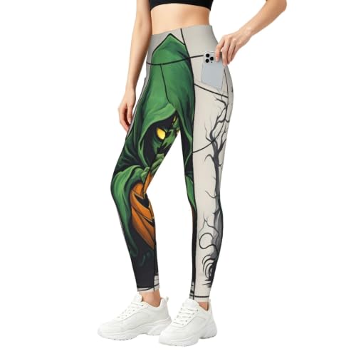 Pantalones de yoga para mujer Green Ghost con bolsillos y estampado calabaza Halloween