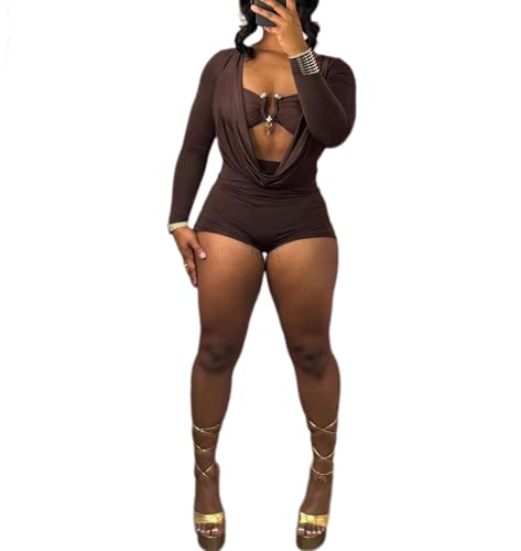Jumpsuits for Women Sexy Deep V Neck Long Sleeve Romper Solid Color Bodycon Shorts Jumpsuit Going Out Outfits