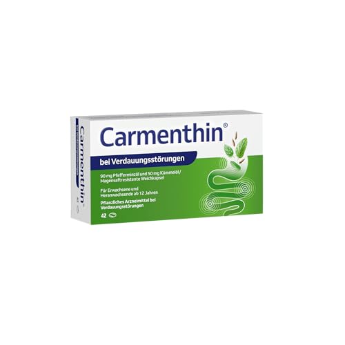 Carmenthin bei Verdauungsstörungen | 42 Weichkapseln | pflanzliches Arzneimittel bei Blähungen, Blähbauch, Völlegefühl & Schmerzen | mit Pfefferminzöl & Kümmelöl | beruhigt den Magen-Darm-Trakt