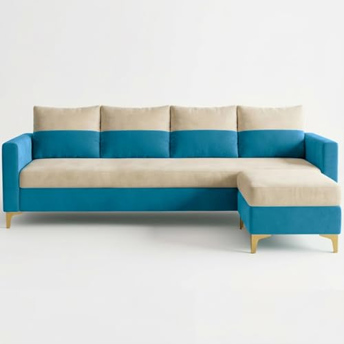 Image of FURNY Canvora 5 Seater L Shape Sofa Set with Movable Ottoman | Flexible Left or Right Layout | Plush Velvet Fabric (Cream-Aqua Blue) | Perfect for Living Room, Guest Room & Office
