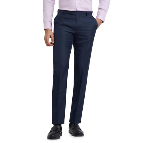 Image of Raymond Men's Slim Fit Mid Rise Structure Pattern Poly Viscose Blend Pleatless Formal Trouser