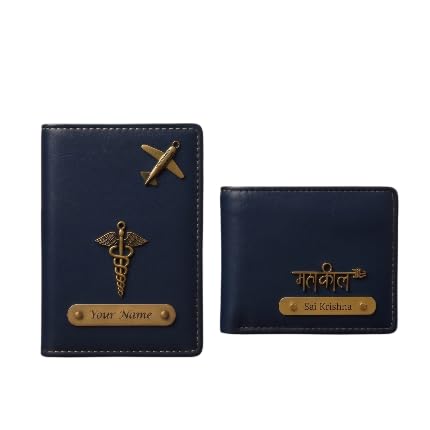 Personalised Passport Cover and Bifold Wallet Combo, Faux Leather, Gold Charm, Name Plate (Blue)-image-11