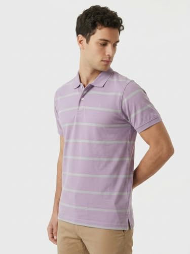 Image of Raymond Men Modern Fit Stripe Pattern Pure Cotton Polo Neck Half Sleeve Casual T-Shirt