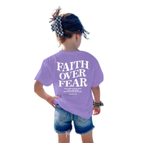 Image of Faith Over Fear Shirt Christian Jesus Tshirts for Girls Religious Inspirational Tees Bible Verse Tops for Kids 3-12