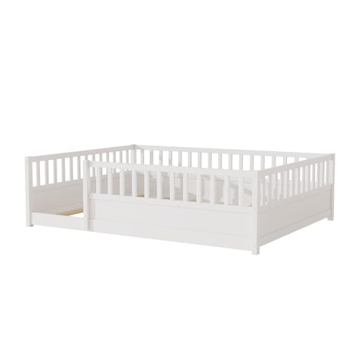Image of Bellemave Queen Size Kids Montessori Floor Bed,Solid Wood Floor Bed Frame with High Fence and Door for Kids,Girls,Boys,White