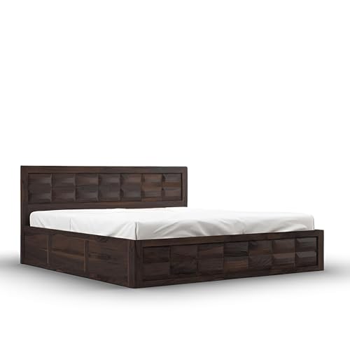 Image of Sheesham Wood Queen Size Bed with Storage Box | Wooden Box Bed Queen Size Double Cot Bed with Storage for Bedroom | Premium Barfi Design Headboard Bed for Living Room | Walnut Finish