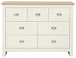 GFW Lancaster Wooden 7 Drawer Chest With Steel Cup Handle & 28.4 Litre Drawers, Modern Bedroom Furniture Chest Of Drawers Storage Unit, Contrast Oak Top, Cream D-35 x W-111.5 x H-81cm