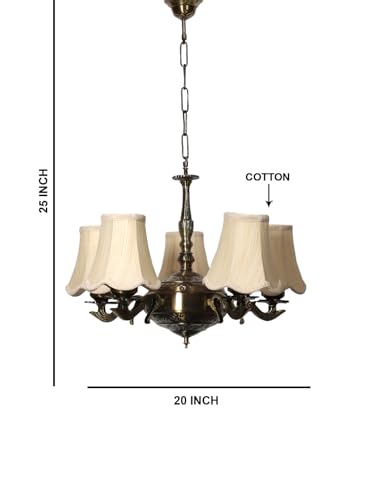 Image of Devansh 05 Lights Off-White Vintage Cotton Shade with Antique Golden Chandelier -L