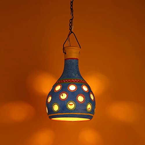 Image of AAKRITI ART CREATIONS Azure Gourd Handcrafted Hand-Painted Terracotta Pendant Lamp for Living Room Ceiling | Hanging Lamp Decor | Ceiling Hanging Lights for Living Room | Fancy Lights for Living Room