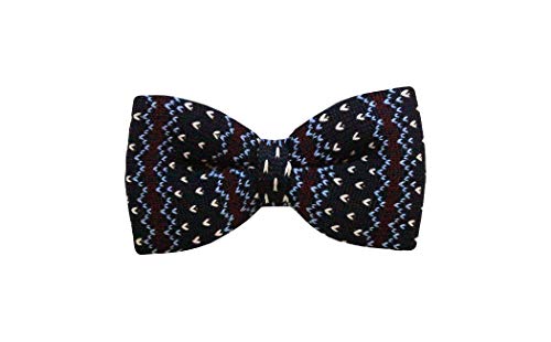 Romario Manzini Navy Blue, Burgundy Striped W/Designs Men's Knit Pre-Tied Bow Tie #TOP30