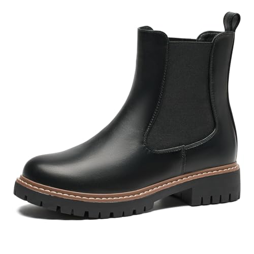 GUTOUGE Womens Chelsea Boots Chunky High Heel Platform Booties Elastic Side Lug Sole Ankle Boots Lightweight Comfortable Slip-on Fashion Boots for Fall Winter