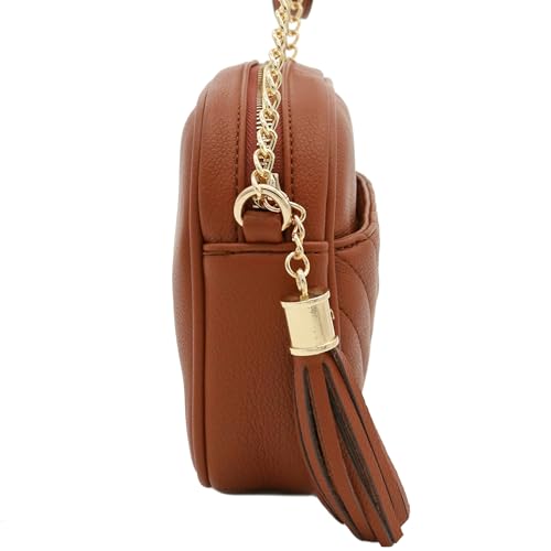 Image of FashionPuzzle Chevron Quilted Crossbody Camera Bag with Chain Strap and Tassel