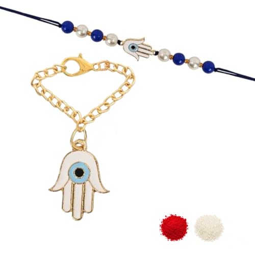 Image of I Jewels Hamsa Enamel Evil Eye Lumba Rakhi Set for Brother and Bhabhi with Roli Chawal and Rakshabandhan Card | Couple Rakhi