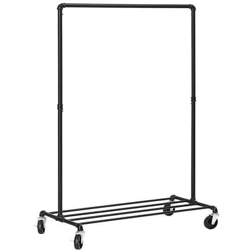 SONGMICS Heavy-Duty Clothes Rack, Clothing Rack for Hanging Clothes, Industrial Garment Rack on Wheels, Metal Frame, 2 Casters with Brakes, Commercial Display, Black UHSR61BK Single Rod