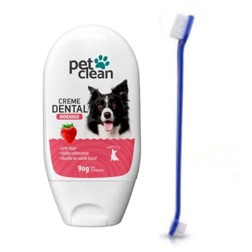 Kit Escova de Dente e Creme Dental Sabor Morango Pet Clean para Cachorros e Gatos Previne o Mau Hálito