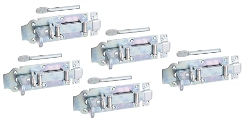 Alberts 841270 Cerrojo porta-candados con rodillos para establos, Recto, con maneta plana y cerradero fijado, Galvanizado, pasivado con capa gruesa, Pletina 200 x 80 mm, Juego de 5