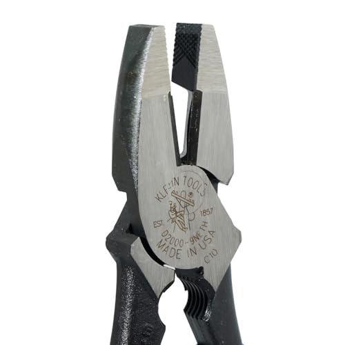 Image of Klein Tools D2000-9NETH Lineman's Bolt-Thread Holding Pliers, Made in USA, High-Leverage Streamline Design with Rounded Nose and Knurled Jaw, 9-Inch