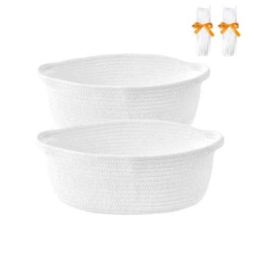 Image of 2 Packs Small Gift Baskets, Empty Woven Baskets for Baby Shower | Gift Bags & Ribbons Included | 12 x 8 x 5 in, White | Cotton Rope, Handles | Decorative Storage for Boy Girl, Raffle