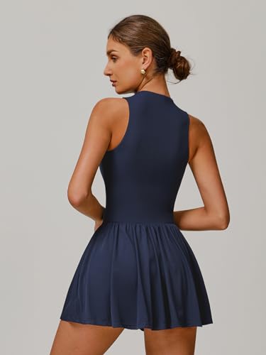 IDOPIP Tenniskleid Damen mit Hose drunter für Sport: Ärmellos kurz Sommerkleid Shorts mit Tasche und integriertem BH - Sommer Sportkleid für Tennis, Golf und Yoga blau M