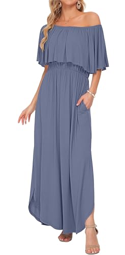 Image of AUSELILY Womens Off Shoulder Ruffle Split Summer Maxi Dresses with Pockets | Off-shoulder Ruffle dress with empire waist & side split for summer beach and casual parties