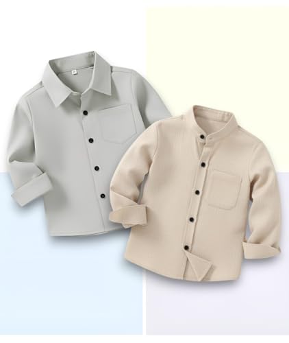 Image of Boys Mandarin Collar Shirt with Chest Pocket Beige and Rama Blue Color, Long Sleeve Button-Down Casual Shirt Pack of 2